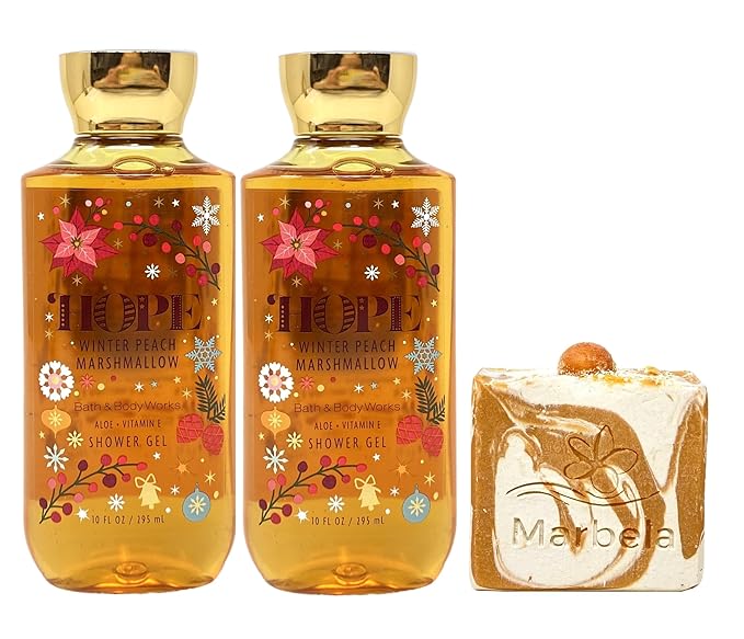 Bath &amp Body Works Hope Winter Peach Marshmallow - 2 Shower Gel - with a Peach Gardenia Soap.