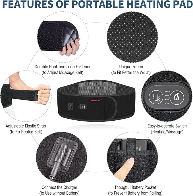 CUEHEAT Heated Waist Belt Cordless Heating Pad for Low Back Electrical Heating and Massage Rechargeable Battery Powered (Black 53 inches)
