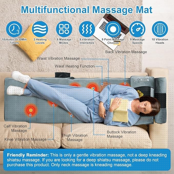 KOCASO Full Body Massage Mat with Heat - 10 Vibration Motors &amp 9 Modes Electric Neck Massager with with ith Neck Back Massager Lumbar Pillow Timer Anti-Slip Bottom Back Massage Mattress Chair Pad