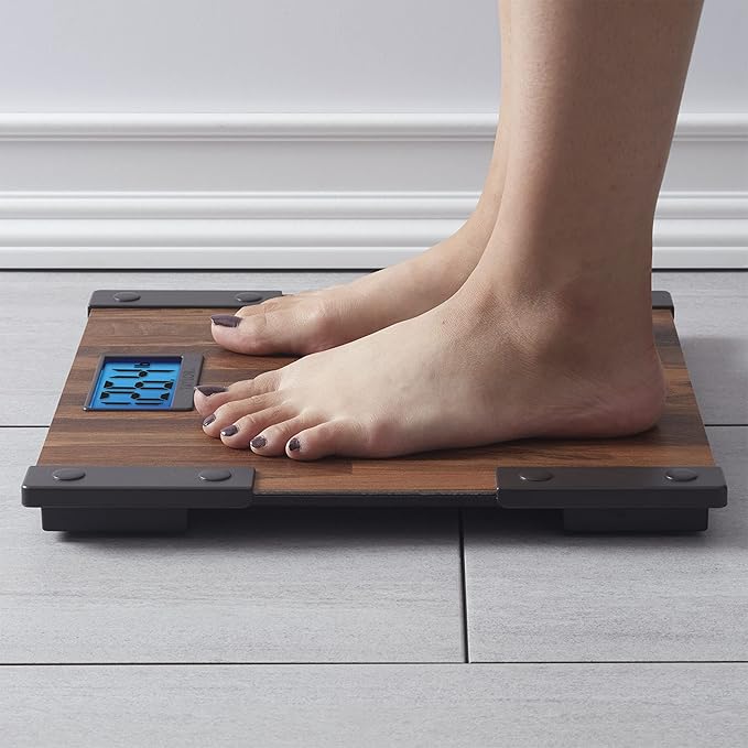 Taylor Digital Scales for Body Weight Extra High Accurate 440 LB Capacity Unique Blue LCD Farmhouse Look Auto On and OffScale 12.4 x 12.4 Inches Brown