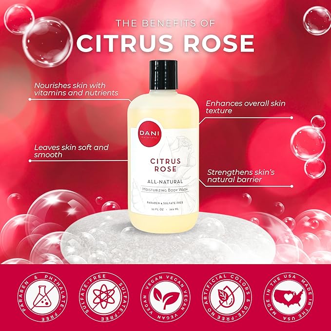 DANI Naturals Moisturizing Body Wash - Citrus Rose Scent with Organic Aloe Vera &amp Natural Glycerin - Paraben &amp Sulfate-Free Shower Gel - 12 oz - Vegan &amp Cruelty-Free