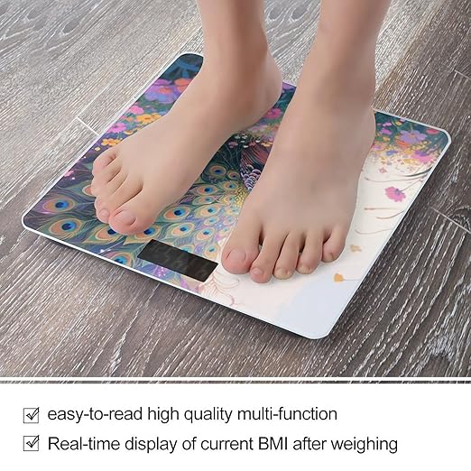 Colorful Peacock in Flower Sea Scale for Body Weight Sturdy Tempered Glass Weighing Scales with LCD Display Accurate Digital Bathroom Scale Convenient Body Fat Smart Scales Easy Read
