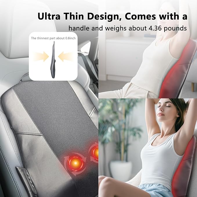 Back Massager for Pain Relief Deep Tissue Ultrathin Rolling Up and Down Full Back Massage with Heat 4D Shiatsu Kneading Shoulder Massager Extended Widened Design for Home Office Car Use Beige