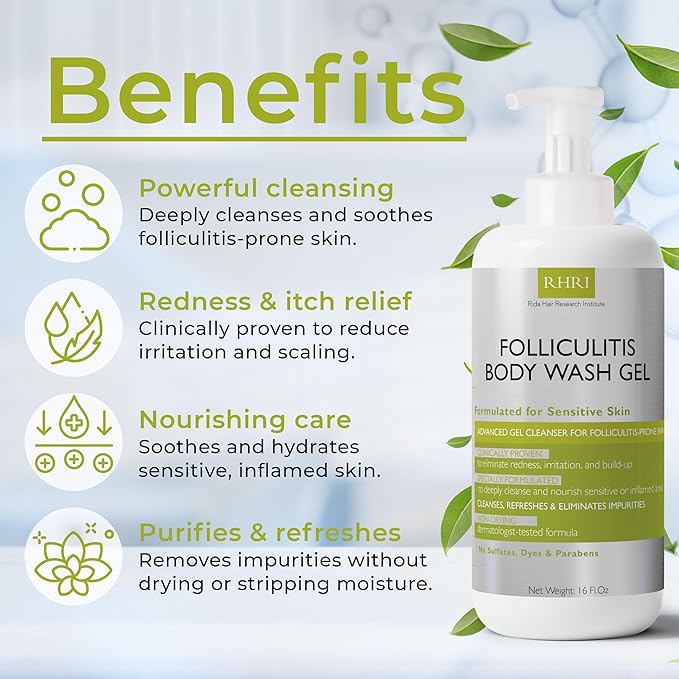 Folliculitis Treatment Folliculitis Body Wash Sensitive Skin | Gel Cleanser for Redness &amp Irritation with No Sulfates Dyes or Parabens | Body Wash Includes Bonus Scrubber Brush