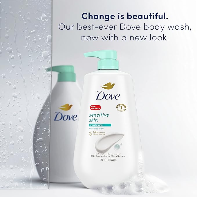 Dove Sensitive Skin Body Wash 30.6 fl oz (Pack of 3) and Advanced Care Antiperspirant Deodorant Spray with Pro-Ceramide Technology