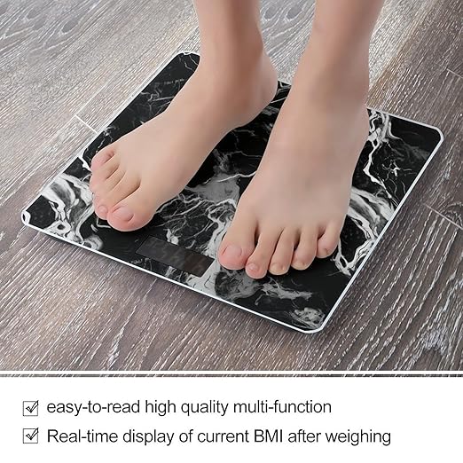 Black and White Marble Weight ScaleClear LED Display Bathroom Digital Weighing ScaleTempered Glass Digital Bathroom Scale for Body Weight Capacity Up to 400 Lbs