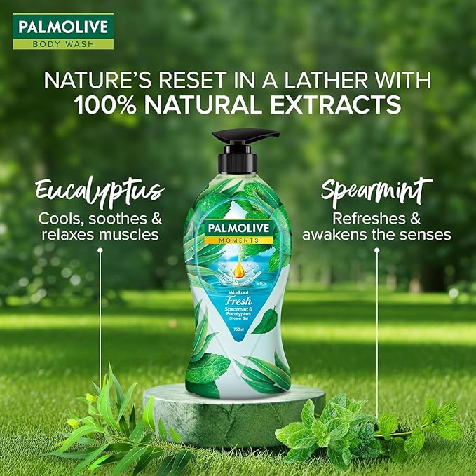 Workout Fresh Body Wash 750ml Shower Gel Single Pump Bottle 100% Natural Eucalyptus &amp Spearmint Extracts pH Balanced Paraben &amp Silicone Free