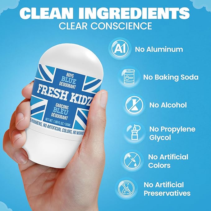 Fresh Kidz Hair &amp Body Wash 16.9 fl.oz. and 2 Roll On Deodorants 1.86 fl.oz. for Kids and Teens - Boys Blue Set