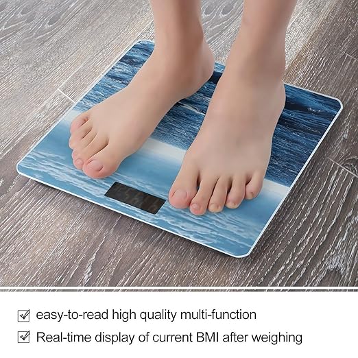 Blue Sea Sailboat Scale for Body Weight Anti-Slip Tempered Glass Digital Bathroom Scales Clear LCD Display Weighing Scale Safe Rounded Corners Smart Scales