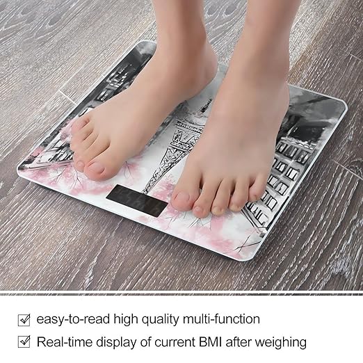 Paris Street Eiffel Tower Pink Floral Scale for Body Weight Anti-Slip Sturdy Tempered Glass Weighing Machine Highly Digital Accurate Bright LCD Bathroom Scale for Household Gift