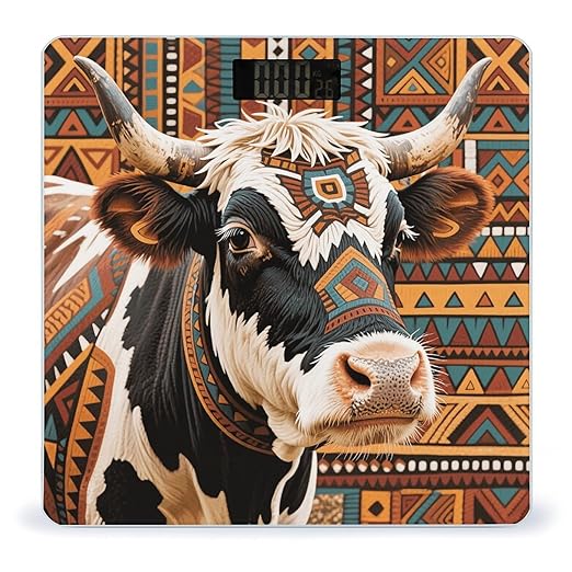 Digital Bathroom Scale for Body Weight Scale with Bright LCD Display High Accuracy Step-On Technology Auto On/Off Aztec Ethnic Tribal Cow Digital Scales 400 Lbs /180kg