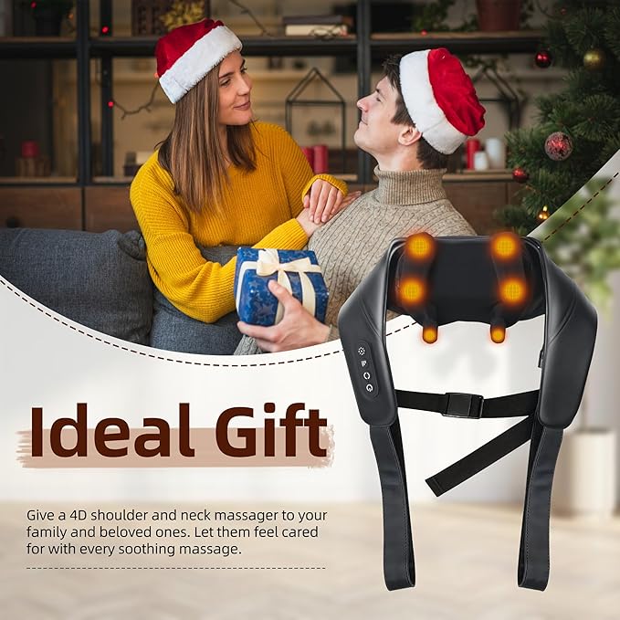 iBooMas Neck Massager with Heat 4D Shiatsu Deep Tissue Back and Shoulder Massager 2 Modes 3 Intensity for Muscle Relaxation Hands-Free Design Best Gifts for Women Men (Black)