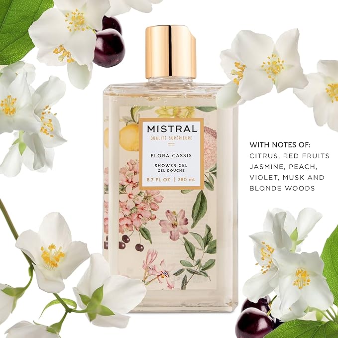 Mistral Flora Cassis Luxe Shower Gel - Body Wash for Women – Moisturizing Clean Body Wash with Aloe Vera Chamomile &amp Sweet Almond Oil | Paraben-Free Hydrating | Scented Shower Gel - 8.7 fl oz