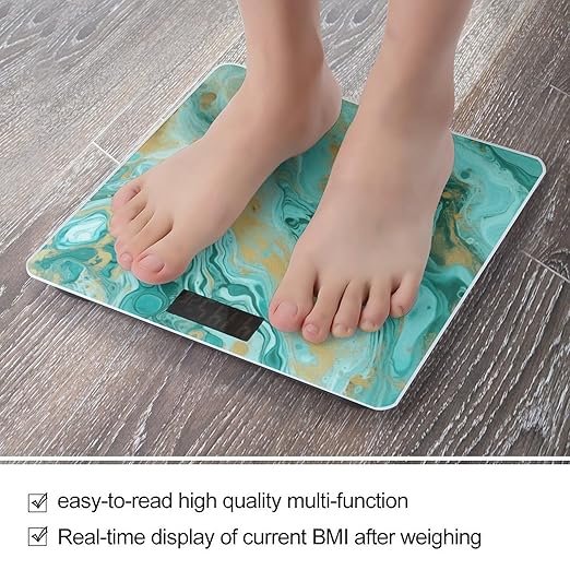 Teal and Gold Marble Scale with LCD Precision Weighing Scales Sturdy Tempered Glass Weight Scales Easy-to-Read Anti-Slip Weight Digital Bathroom Scale for Daily