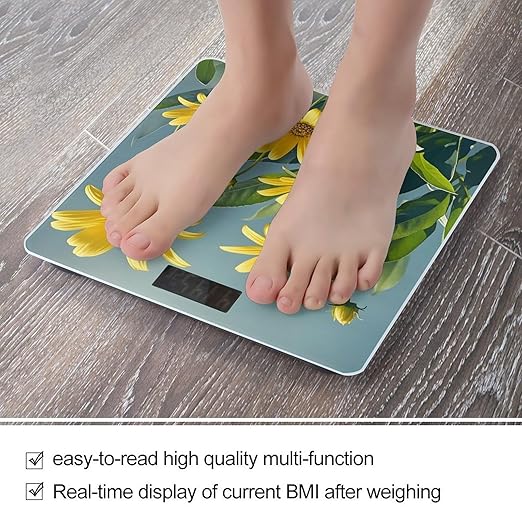 Yellow Flowers and Leaves Scale for Body Weight Digital Bathroom Scale Toughened Glass High Precision Scales for Body Weight with Large LCD Backlight Display Weight Scales