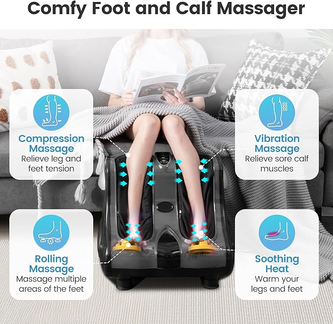 RELAX4LIFE Foot and Calf Massager Shiatsu Foot Massager Machine w/Heating Kneading Vibration Rolling Adjustable Speed &amp Tilt Base Leg Massager for Pain Relief (Grey)