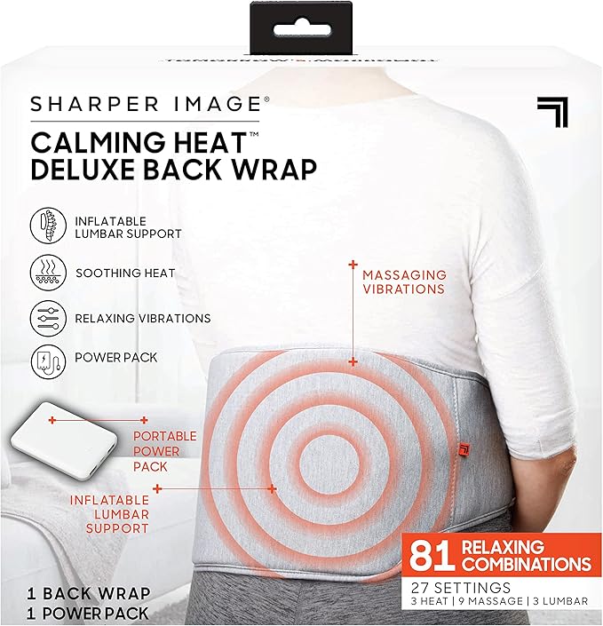 Calming Heat Back Wrap by Sharper Image- Cordless Electric Back Heating Pad Inflatable Lumbar Soothing Heat &amp Vibration- 27 Settings 3 Heat 9 Vibration 3 Lumbar Includes Portable Power Pack