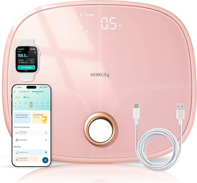 Etekcity Rechargeable Pink Smart Scale for Body Weight BMI Fat Muscle Mass Digital Bathroom Scale with 13 Metrics Secret Mode Bluetooth Connect to Free Apps Cotton Candy Pink