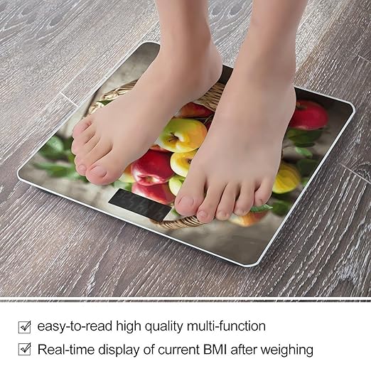 Yellow Green Red Fruits in A Basket Scale for Body Weight Sturdy Tempered Glass Weighing Scales with LCD Display Accurate Digital Bathroom Scale Convenient Body Fat Smart Scales 400lb
