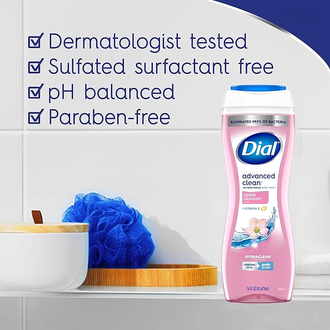 Dial Body Wash 6 Pack Apple Blossom Scent Hydrating and Moisturizing Deep Cleaning Women's Body Wash with Vitamin E for Dry Skin 16 oz. Each
