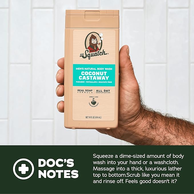 Dr. Squatch Natural Men's Body Wash Shower Gel - Cleansing Nourishing Long Lasting Scent Moisturizing Body Wash for Men - Coconut Castaway + Wood Barrel Bourbon (14 oz 2-Pack)
