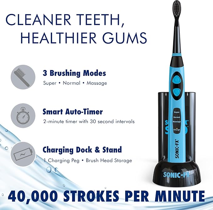Sonic-FX Solo Electric Toothbrush w/ 10 Brush Heads + 1 Interdental Charcoal Bristles Rechargeable Charging/Storage Base 3 Brush Modes Smart Timer 2 Months Use on Full Charge Blue Color