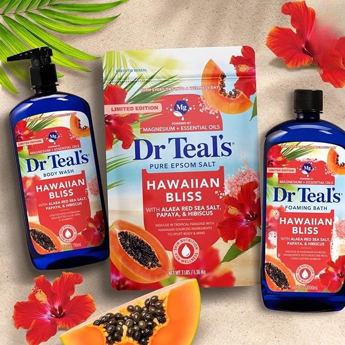 Dr Teal's Hawaiian Bliss Body Wash with Alaea Red Sea Salt Papaya and Hibiscus Magnesium and Essential Oils 24 Fl Oz 2 Pack