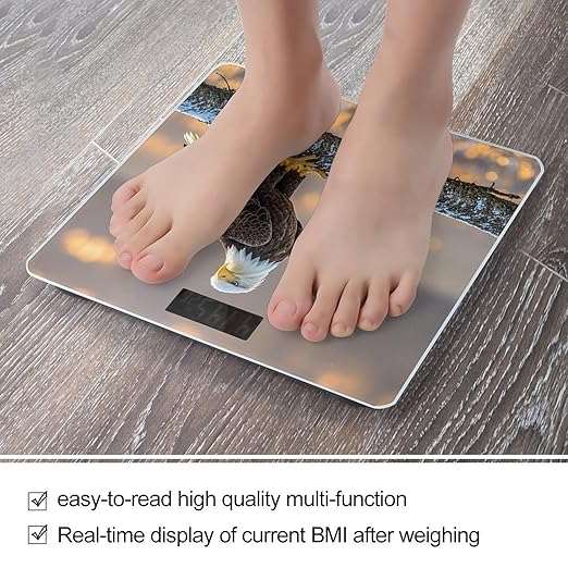 Golden Sunset Bald Eagle Bathroom Scale for Body Weight Bathroom Weighing Scales with Back Lit LED Display Sturdy Tempered Glass Body Weight Bathroom Scale 400lb Weighing