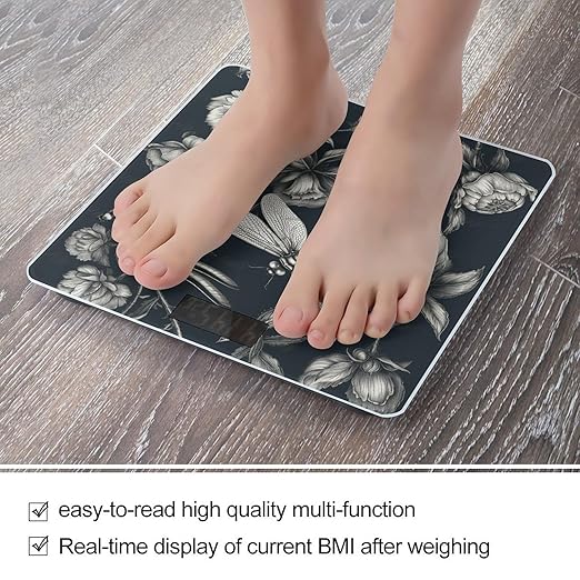 Black Flowers and Dragonfly Weight ScaleClear LED Display Bathroom Digital Weighing ScaleTempered Glass Digital Bathroom Scale for Body Weight Capacity Up to 400 Lbs