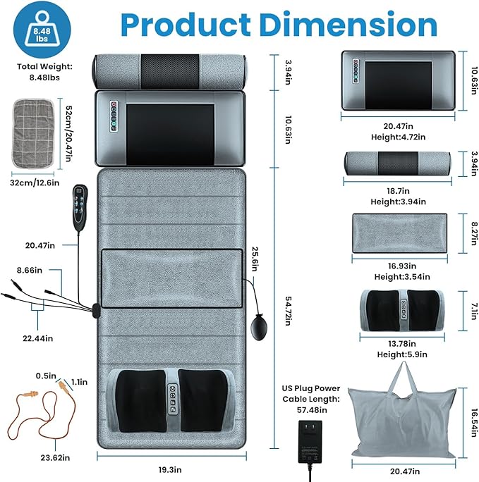 KOCASO Full Body Electric Massage Mat Heating Vibration with Neck Foot Massage Head Pillow and Cloth Lumbar Pillow Timer Anti-Slip Bottom Earplugs - for Relaxation &amp Stress Relief(Advanced)