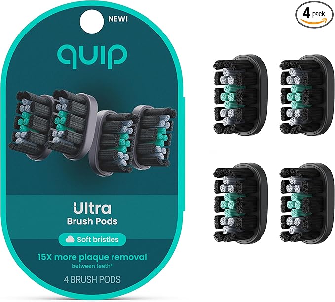 quip Ultra Brush Pod Refill Heads - 4 Pack - Verified quip Brush Head Refills for Sonic Electric Toothbrushes - Soft Bristles Compact - Last 3 Months Each - Black