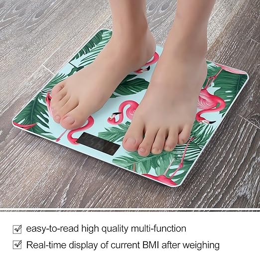 Digital Bathroom Weighing Scale Energy Saving Scale Smart Scale for Body Weight Green Tropical Palm Banana Leaves Lovely Exotic Bird Pink Flamingo