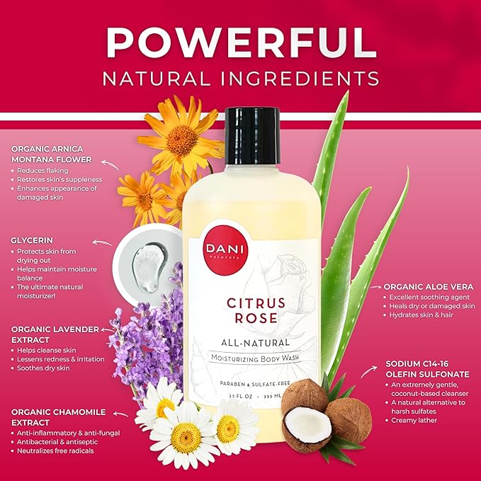 DANI Naturals Moisturizing Body Wash - Citrus Rose Scent with Organic Aloe Vera &amp Natural Glycerin - Paraben &amp Sulfate-Free Shower Gel - 12 oz - Vegan &amp Cruelty-Free