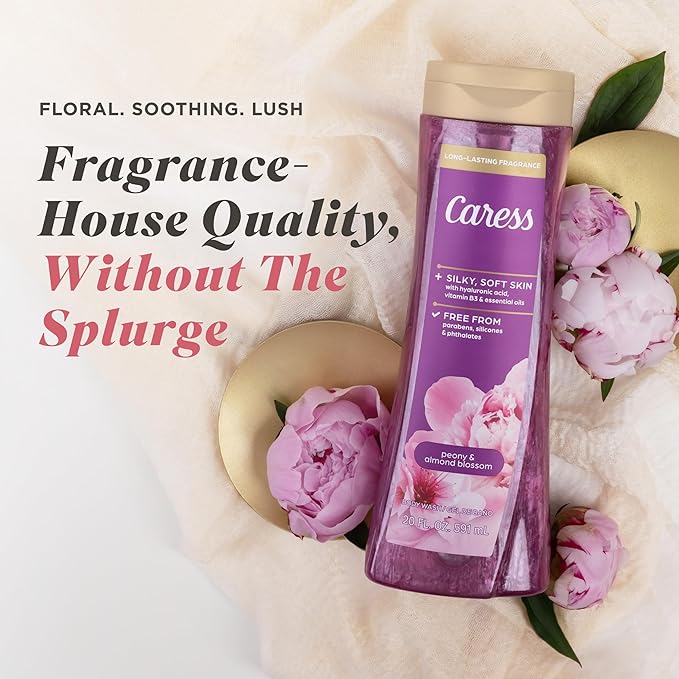 Caress Peony &amp Almond Blossom Body Wash Hyaluronic Acid &amp Vitamin B3 for Moisturized Silky Soft Skin Long-Lasting Floral Bouquet Fragrance 20 fl oz (4 Pack)