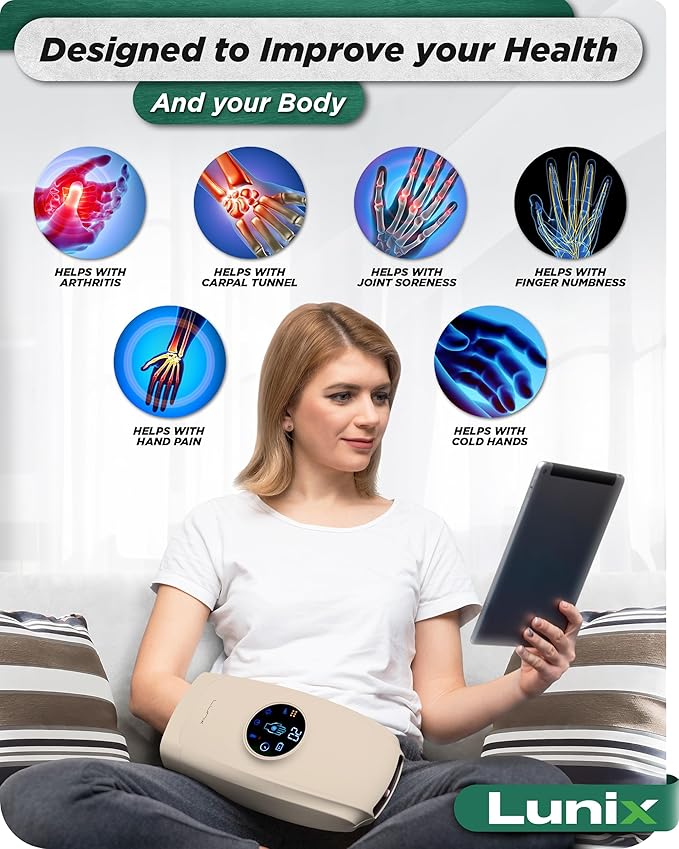 Lunix LX7 FSA Carpal Tunnel &amp Wrist Pain Relief Device Heated Air Compression Hand Massager for Arthritis Mothers Day Gifts for Women &amp Mom Touchscreen Sand Beige