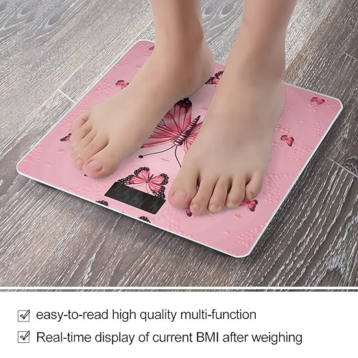 Butterfly Pink Digital Bathroom Scale Fashion Unique Weight Scale BMI Anti-Slip Precision Weighing Scales Suitable for Home Bedrooms Use and Gift