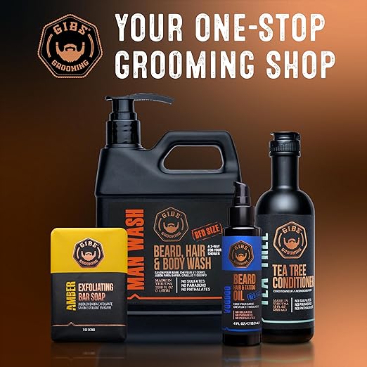 GIBS Grooming - Man Wash 3-in-1 Beard Hair Body Soap - Citrus Oak Basil Scent - Sulfate Free - Tea Tree Oil Hemp Oil Protein - Mens Body Wash &amp Mens Shampoo - Made in USA