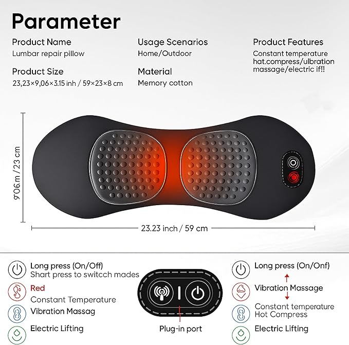 3-in-1 Upgraded Electric Lumbar Support Pillow Suitable for Chairs Beds and Travel. Heated Back Massager for Deep Tissue Massage to Relieve Pain