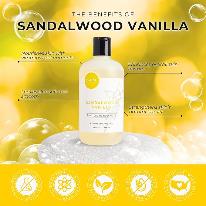 DANI Naturals Body Wash - Warm Sandalwood Vanilla Scent with Organic Aloe Vera &amp Natural Glycerin - Sulfate &amp Paraben-Free Shower Gel - For Men &amp Women - 12 oz - Vegan &amp Cruelty-Free