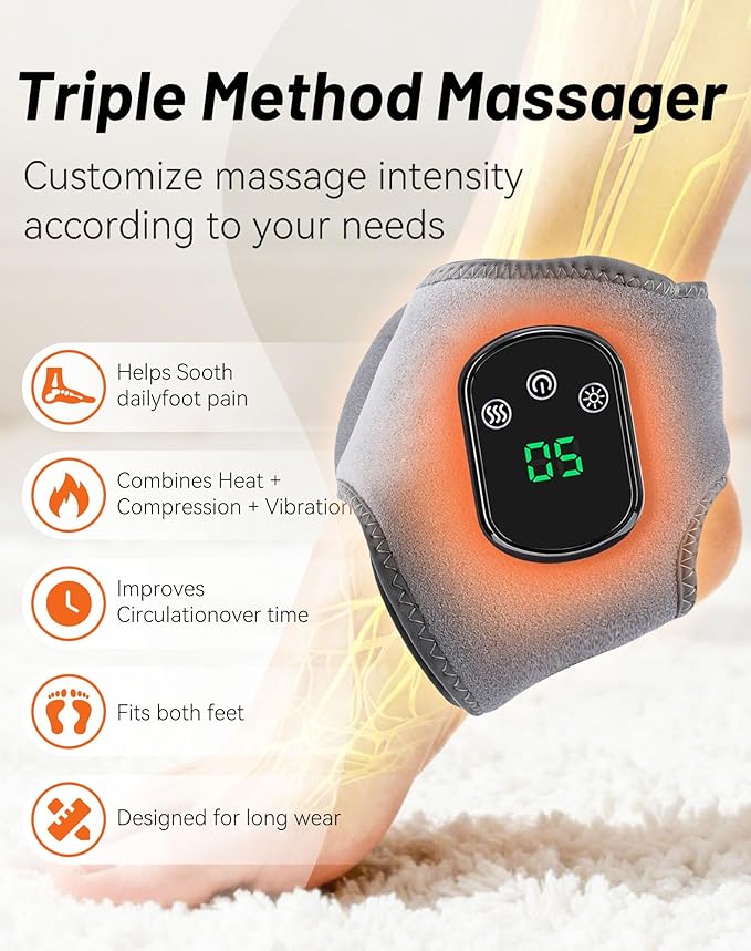 Triple Massager Device Massager for Neuropathy 3 in 1 Ankle Heat Wrap Wireless Portable with 3 Vibration Mode 5 Heat Leavel for Relax Feet (2PCS)