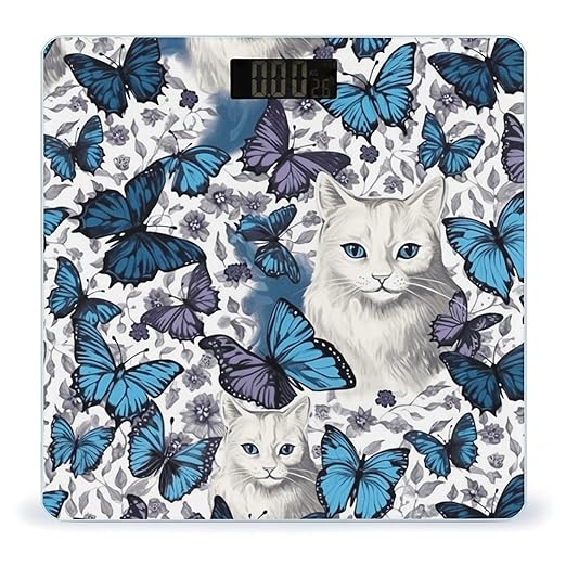 Blue Butterfly and White Cat Scale for Body Weight Accurate Digital Bathroom Scale Toughened Glass High Precision Scales Smart Weight Scales with Large LCD Backlight Display Weighing Machine
