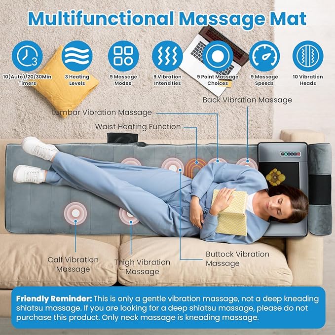 KOCASO Full Body Electric Massage Mat Heating Vibration with Neck Foot Massage Head Pillow and Cloth Lumbar Pillow Timer Anti-Slip Bottom Earplugs - for Relaxation &amp Stress Relief(Advanced)