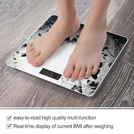 Black Gray Butterflies Bathroom Scale Automatic Power On/Off Body Scales LCD Backlight Display Square Digital Scale Rounded Corners Bathroom Scales for Home Bedrooms