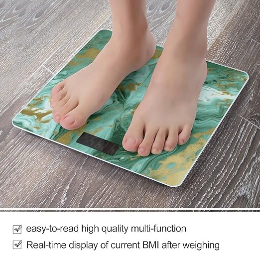 Green Gold Marble Digital Bathroom Scale for Body Weight with High Precision Digital Weighing Scale with BMI Clear LCD Display and Step-On Measures Weight Up to 180kg