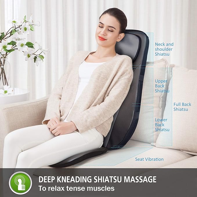 Snailax Shiatsu Back Massager with Heat Chair Massager for Neck Back and ShouldersGel Modes Massage CushionAdjustable Height Massage SeatGifts