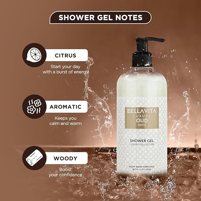 BellaVita Luxury White Oud Perfume &amp Body Wash Combo | Unisex Eau De Parfum with Orange Freesia &amp Woody Notes (100ml) + Exotic Oud Shower Gel with Aloe Vera (500ml) | Long-Lasting &amp Deep