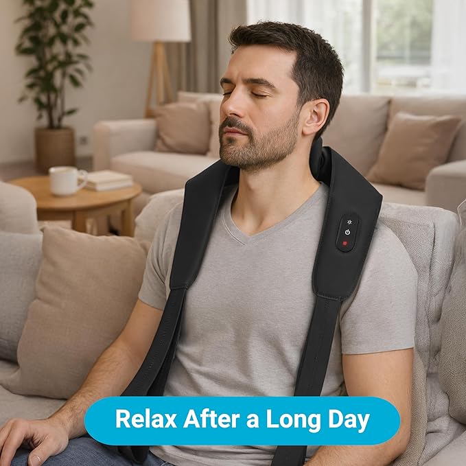 Daiwa Felicity Momizo Neck and Shoulder Massager – 4 Deep Kneading Nodes Heat Therapy Rechargeable Hands-Free One-Touch Control
