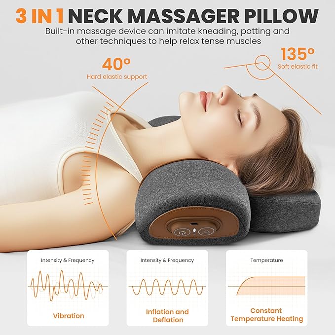 3-in-1 Rechargeable Neck Massager Pillow - Pillow Massage Neck Hump for Shoulder Pain Deep Tissue Pain Relief with Heating and Traction Function Hump Corrector for WomenGrey