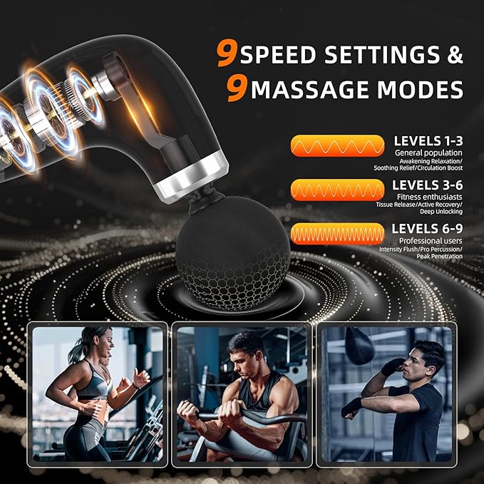Massage Gun with Upgraded Extension HandleBack Massage Gun Deep TissueBack Massager for Pain Relief for Muscles Neck Shoulders Waist Arm Legs Foot4 Replaceable Heads &amp 9 Speeds (Silver)