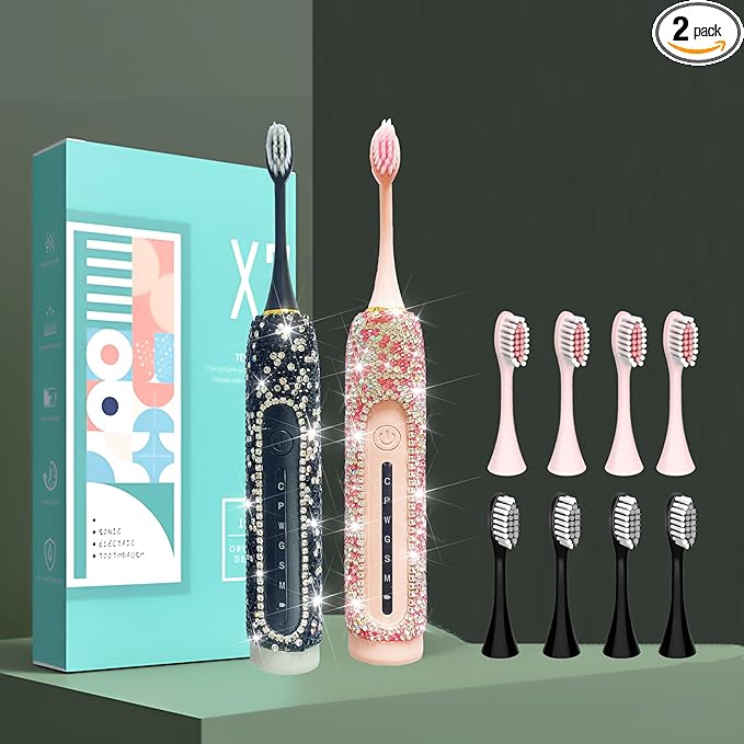 Electric Toothbrush for Woman Bling Diamond Decor Portable Travel Essentials for Couple Gifts Toothbrush with 3 Replacement Heads 6 Modes（Pink &amp Black
